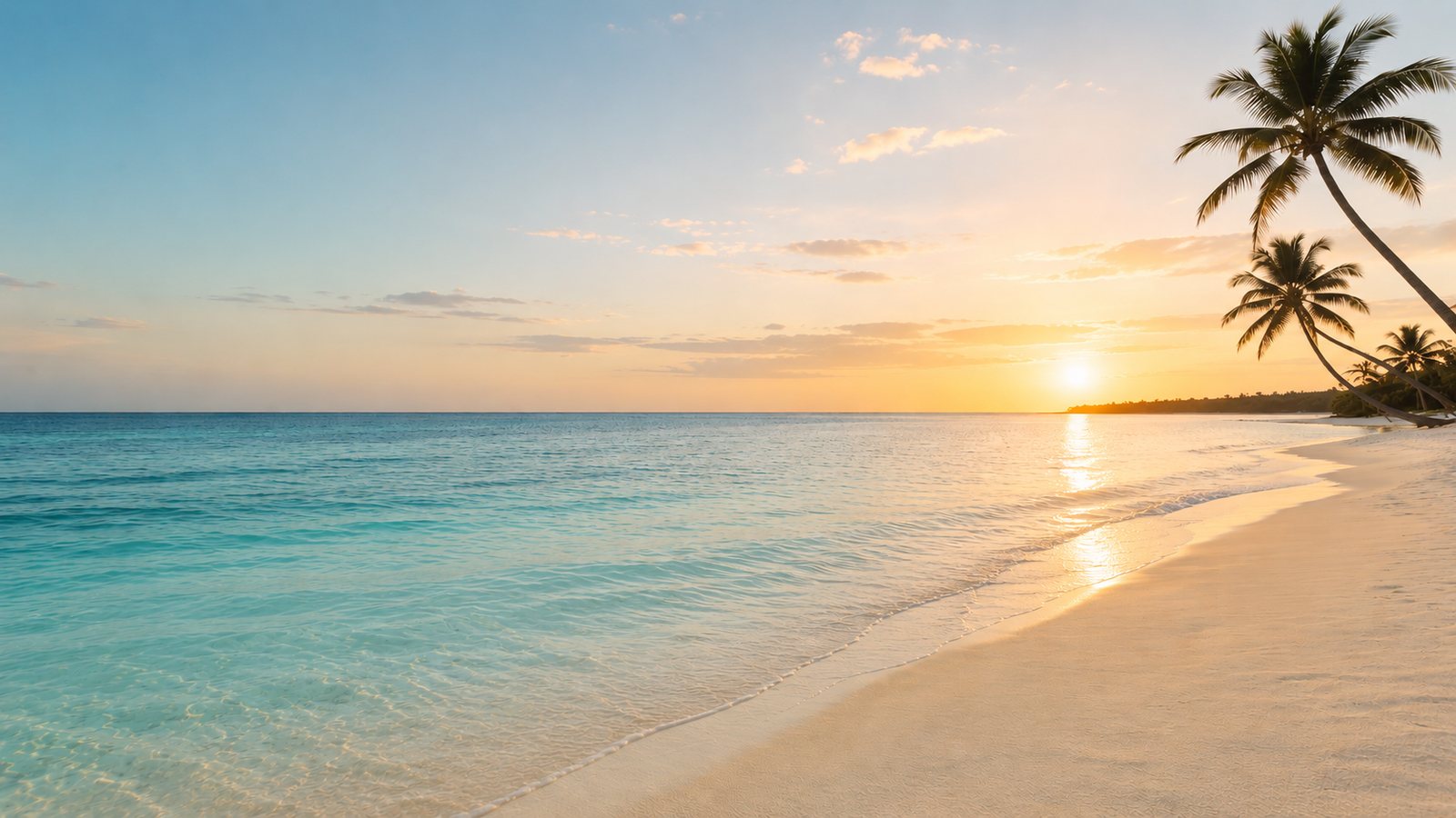 An empty Caribbean beach at sunset, palms leaning over pale turquoise water